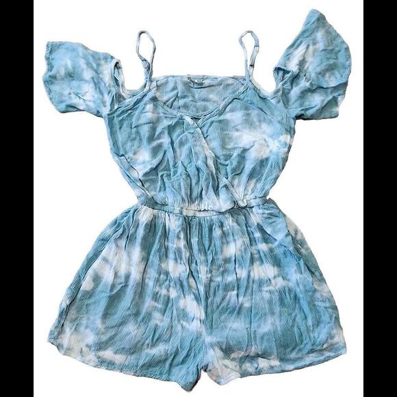 Mudd Romper Extra Small Blue V Neck Shorts Cold Shoulder Tie Dye - Picture 1 of 8